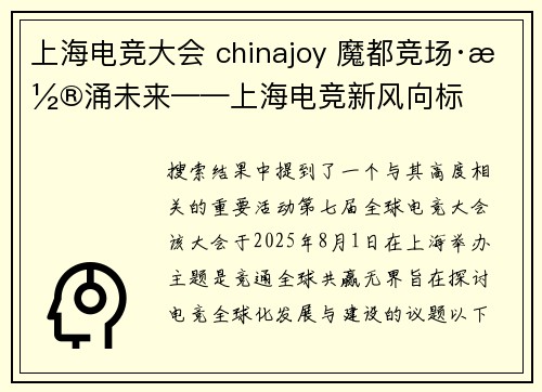上海电竞大会 chinajoy 魔都竞场·潮涌未来——上海电竞新风向标