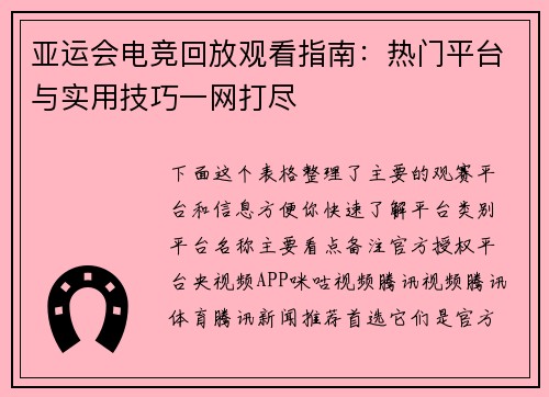 亚运会电竞回放观看指南：热门平台与实用技巧一网打尽